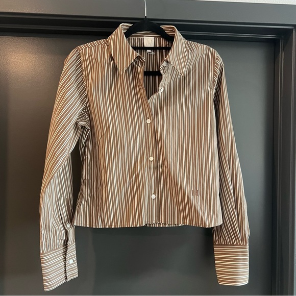 Helsa Pinstripe Poplin Fitted Shirt in Brown & Cream Stripe Size Small - Picture 4 of 9